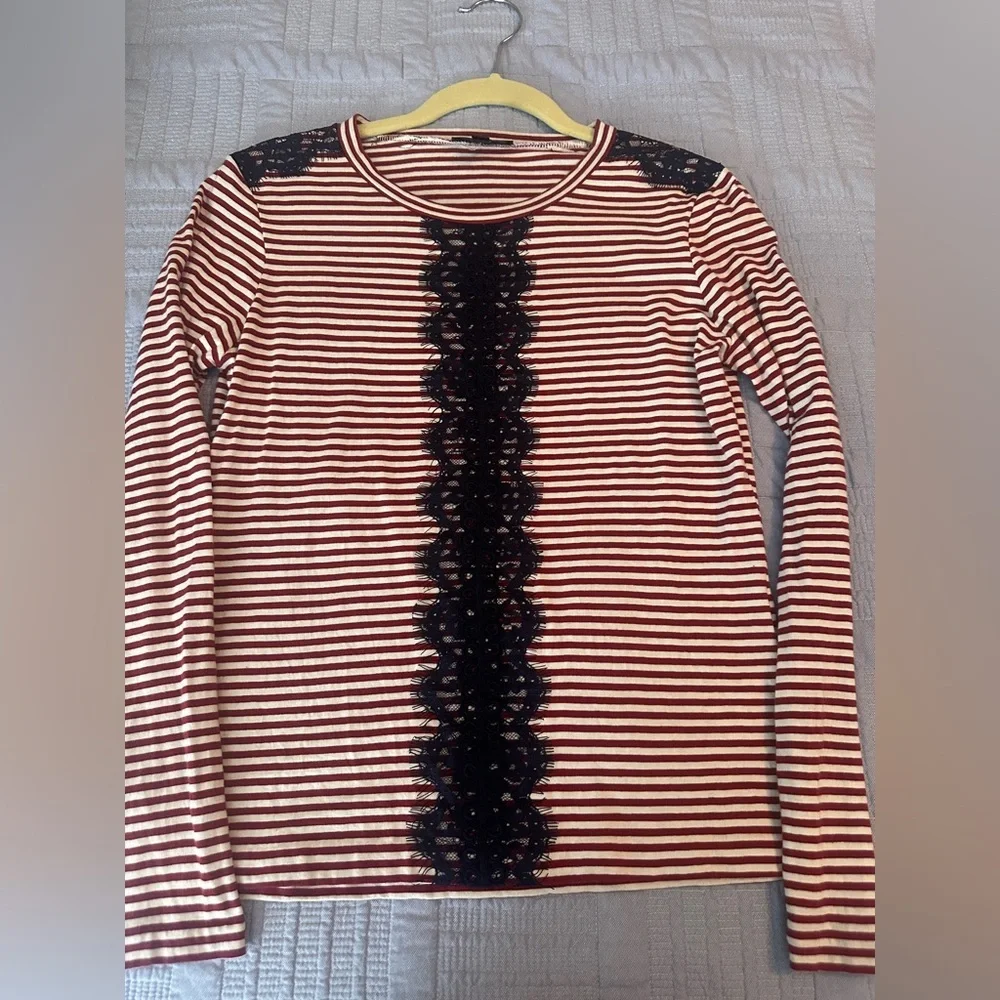 J.Crew Red Striped Crewneck Longsleeve T-Shirt with Navy Lace, Size XS